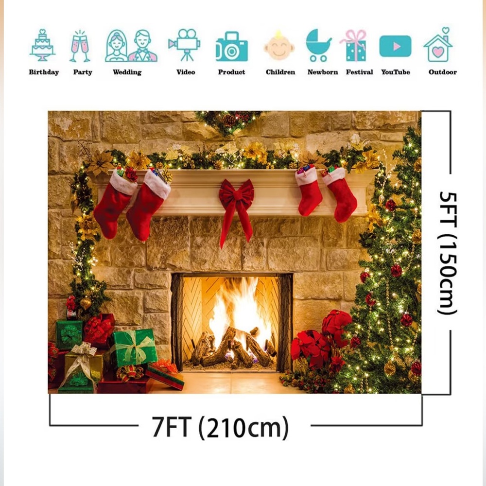 3 Backdrops Festive Holiday Fireplace Decor with Stockings and Garland